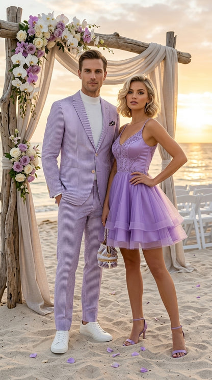 Men’s Lavender Seersucker 2 Piece Suit, Lightweight Summer Blazer and Pants Set for Weddings, Parties, Prom, and summer fabric