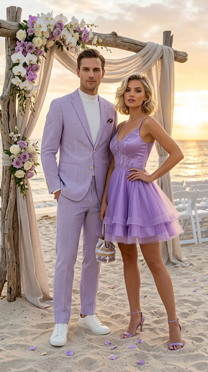 Men’s Lavender Seersucker 2 Piece Suit, Lightweight Summer Blazer and Pants Set for Weddings, Parties, Prom, and summer fabric