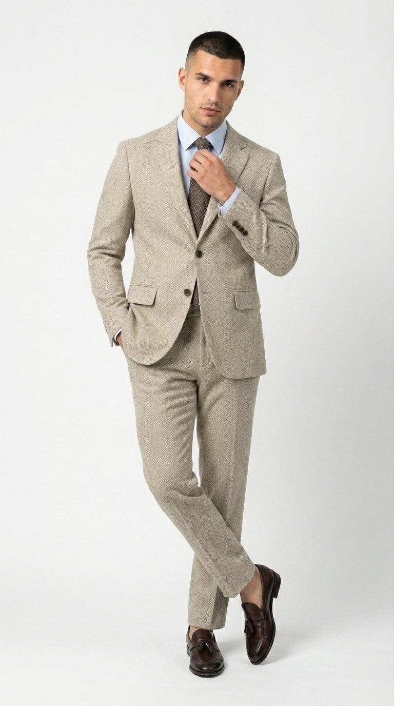 Men’s Light Tan Tweed Suit – Classic Beige Two Piece Suit, Herringbone Formal Wear, Vintage Style Business & Wedding Outfit for Men