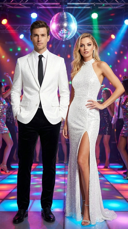 Men’s White Disco Blazer 1980s Sequin Style Jacket – Lapel Collar Party Blazer, Formal Evening Wear, Halloween Masquerade Club Outfit
