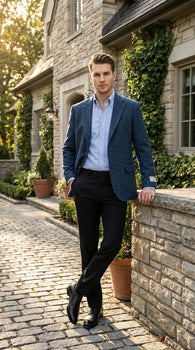 Mens Light Blue Tweed Blazer Sport Coat – Classic Herringbone Jacket Formal Business Casual Smart Outerwear in indigo cobalt blue