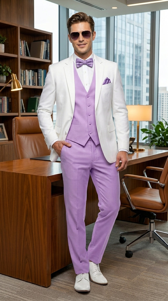 Men’s White and Lavender Tuxedo Wedding Suit with Dinner Jacket, Vest, Pants and Bow Tie