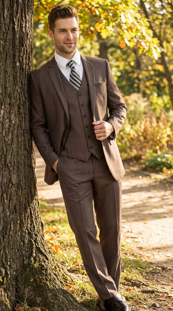 Men’s Brown Sharkskin 3 Piece Suit – Textured Two Button Vested Business Formal Suit for Wedding, Party Wear Vested Modern Fit