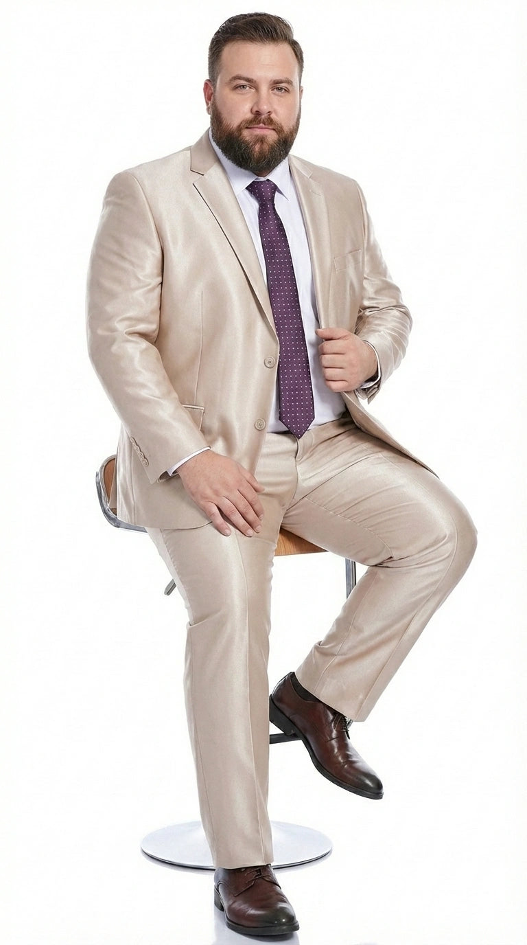 Men’s Champagne Tan Sharkskin 2 Button Suit – Shiny Formal Suit with Optional Vest for Wedding, Prom, Business Beige Color Modern Fit