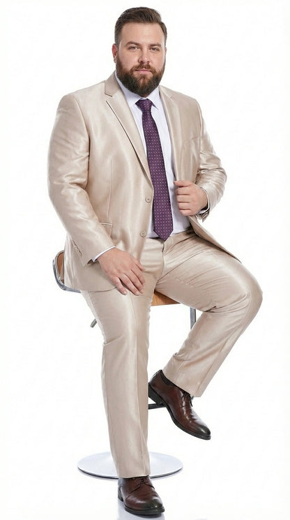 Men’s Champagne Tan Sharkskin 2 Button Suit – Shiny Formal Suit with Optional Vest for Wedding, Prom, Business Beige Color Modern Fit