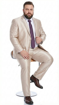 Men’s Champagne Tan Sharkskin 2 Button Suit – Shiny Formal Suit with Optional Vest for Wedding, Prom, Business Beige Color