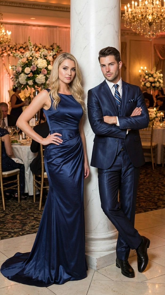 Men’s Navy Blue Sharkskin 3 Piece Suit – Two Button Vested Shiny Formal Suit for Wedding, Prom, Business and Party Wear Modern Fit