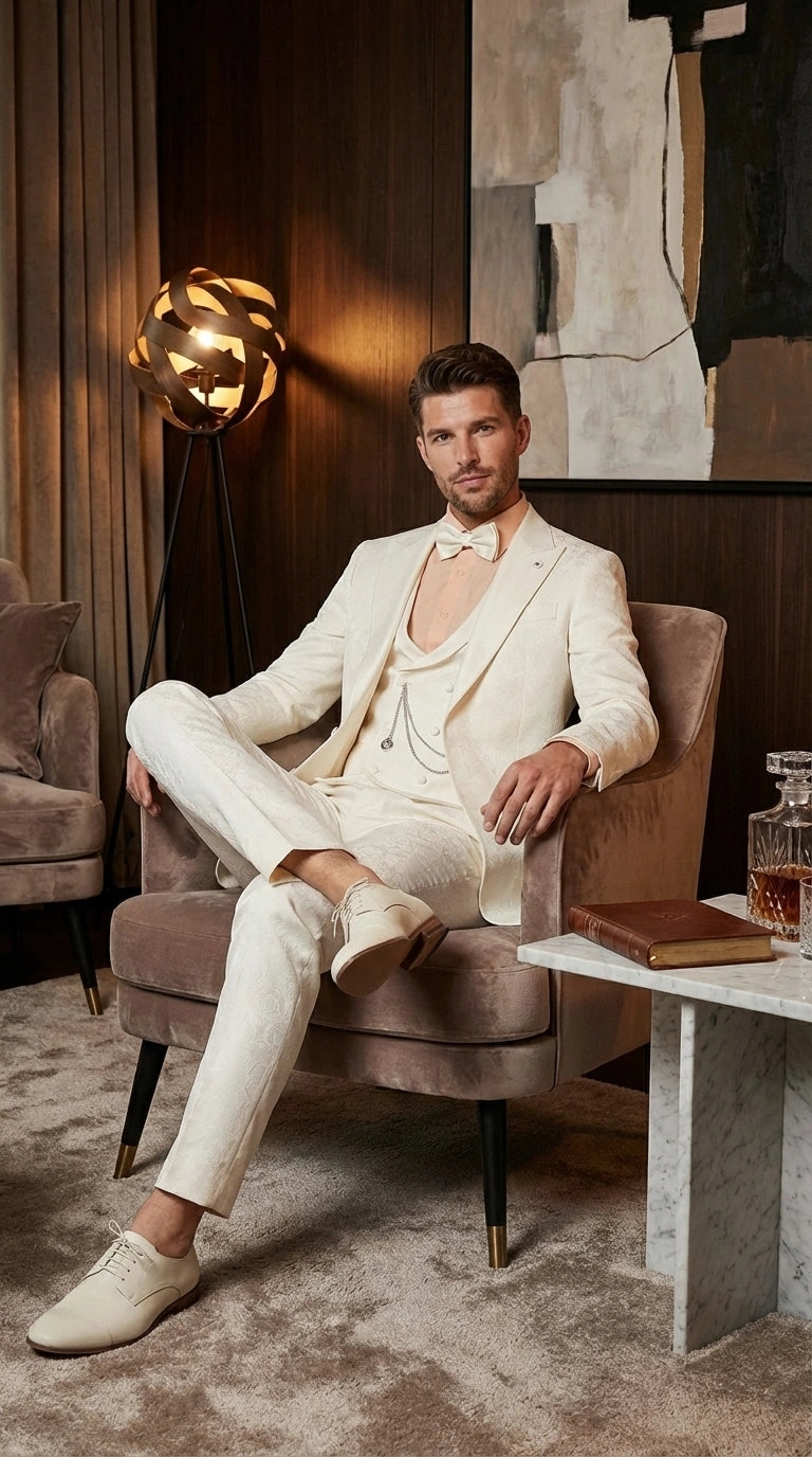 Vinci Men’s Ivory Three Piece Suit – Ivory 3PC Formal Wedding Suit for Groom, Prom and Black Tie Events  Modern Fit