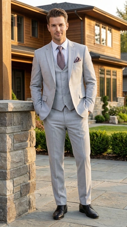 Men’s Light Grey Sharkskin 3 Piece Suit – Two Button Vested Modern Formal Business Suit for Wedding in silver Ice Gray Modern Fit