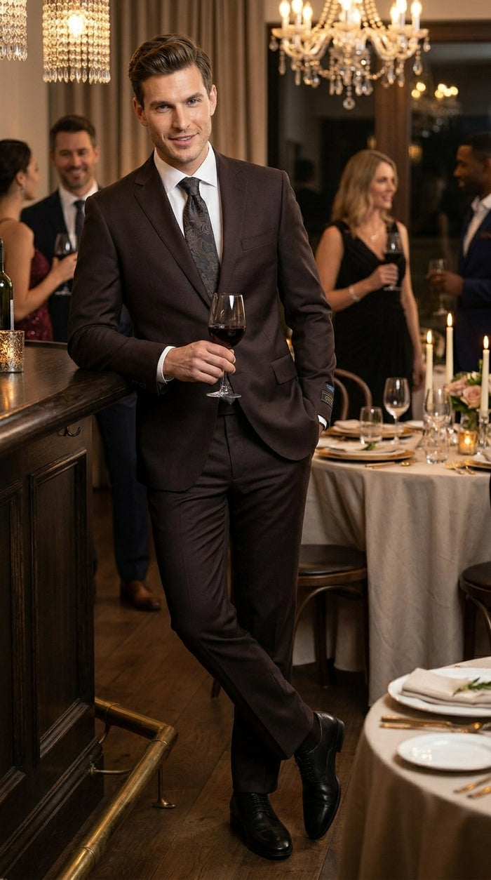 Men’s Tiglio Italian Brown Suit with Two Button Blazer and Matching Pants, Formal Business Wedding Suit