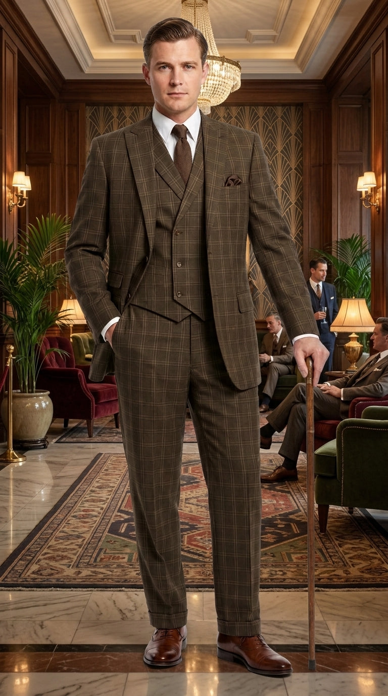 Men’s 1930s Brown Plaid 3 Piece Suit, Vintage Formal Wedding Business Dress Suit Set  Modern Fit