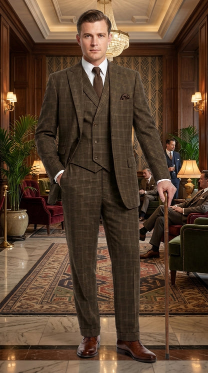 Men’s 1930s Brown Plaid 3 Piece Suit, Vintage Formal Wedding Business Dress Suit Set  Modern Fit