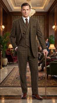 Men’s 1930s Brown Plaid 3 Piece Suit, Vintage Formal Wedding Business Dress Suit Set