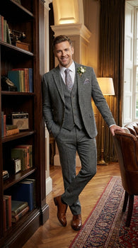 Men’s Peaky Blinder Light Grey Tweed Suit with Vest – Classic Three Piece Formal Suit, Vintage Wedding Business Outfit