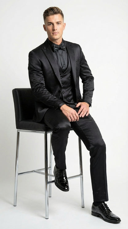 Men’s All Shiny Black Satin Suit – Black Satin Tuxedo Suit for Prom, Wedding, Formal Party and Evening Events Double breasted Vest