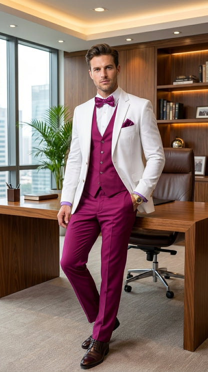 White and Burgundy Tuxedo Wedding Suit for Men – White Dinner Jacket with Burgundy Vest, Pants and Bow Tie