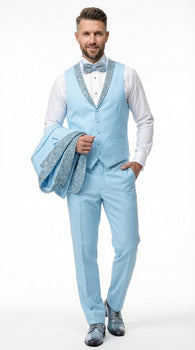Mens Light Blue 3 Piece Prom Tuxedo – Sky Blue Formal Suit with Sequin Lapel Wedding Party Tuxedo Set in Baby Blue