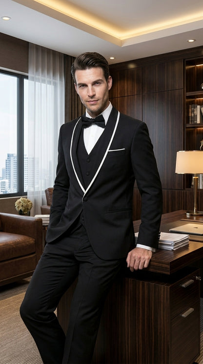 Men’s Black 1 Button Blazer with Shawl Lapel and White Trim, Formal Dinner Jacket Sport Coat