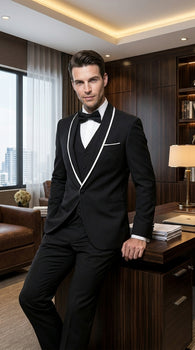 Men’s Black 1 Button Blazer with Shawl Lapel and White Trim, Formal Dinner Jacket Sport Coat