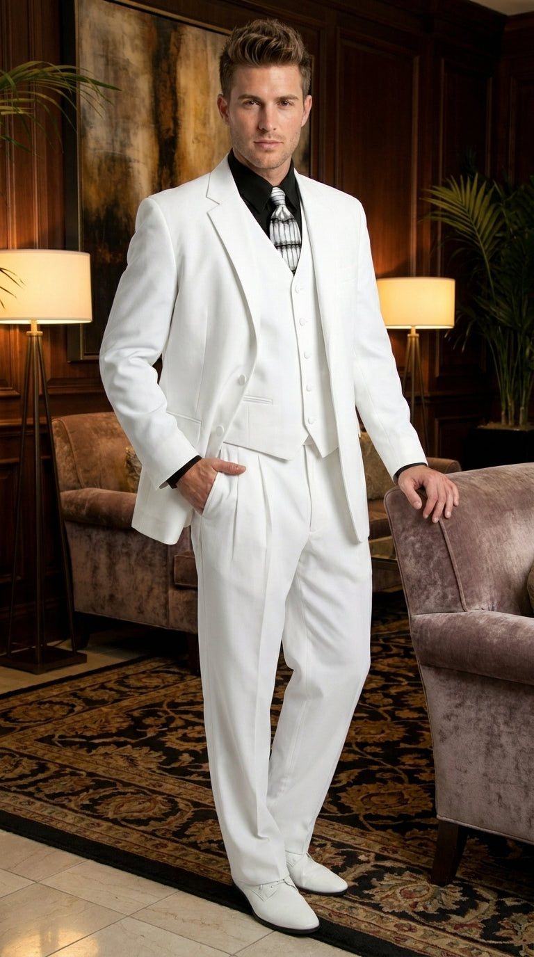 Men’s All White Classic 3 Piece Suit with High Vest, 3 Button Jacket and Pleated Pants