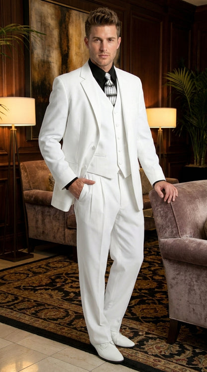 Men’s All White Classic 3 Piece Suit with High Vest, 3 Button Jacket and Pleated Pants