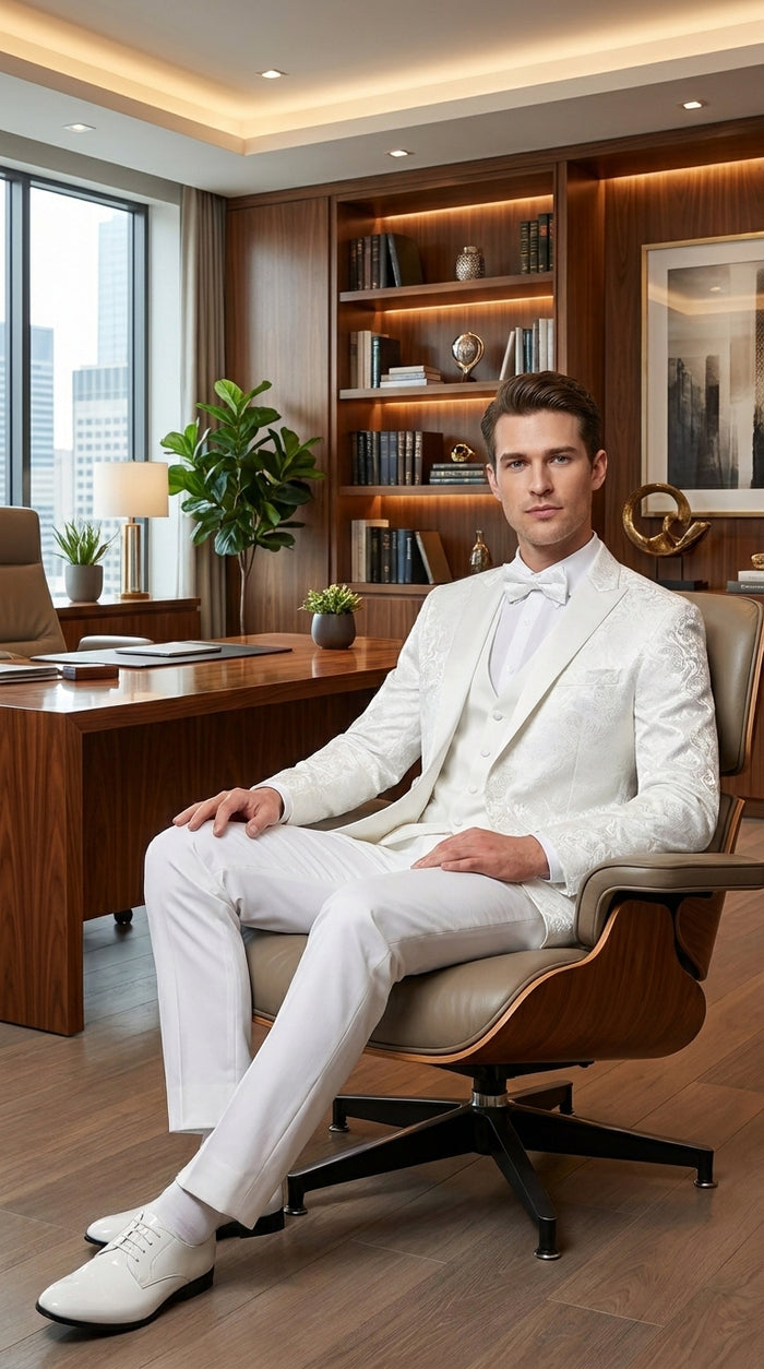 Men’s White Paisley Wedding Tuxedo with Groom Suit Jacket, Vest and Pants, Formal Dress Suit