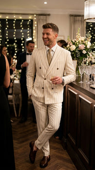Men’s Cream Off White Pinstripe Linen Pinstripe 2 Piece Double Breasted Suit, Summer Wedding Ivory Color By Vitali