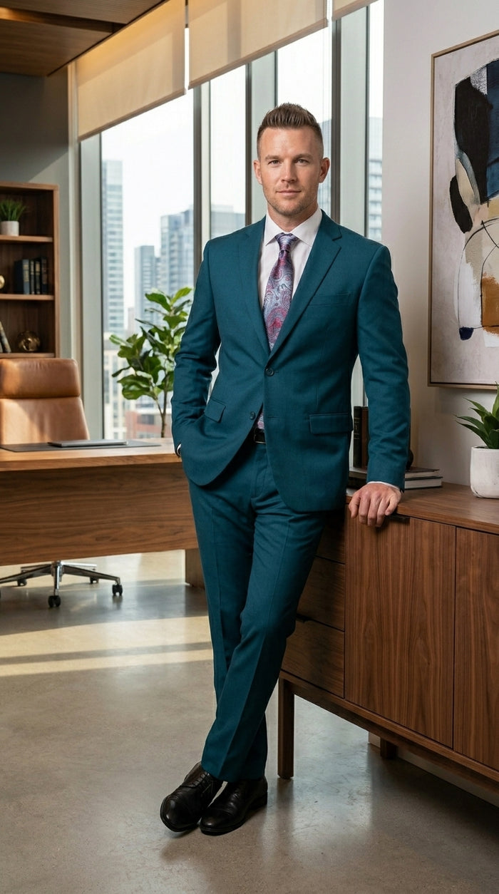 Discounted Sale Clearance Men's Two Buttons Dark Teal 2-piece suit Flat Front Pants