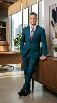 Discounted Sale Clearance Men's Two Buttons Dark Teal 2-piece suit Flat Front Pants