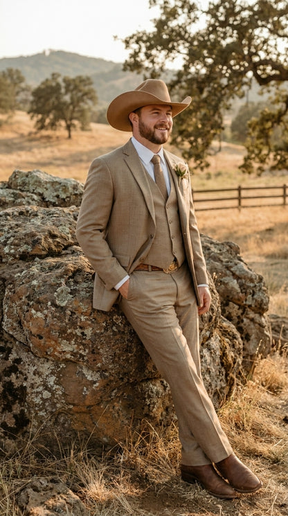 Mens Sharkskin Dark Taupe Tan with sheen Western 3 Piece Suit – Classic Country Style Blazer Vest Pants Set, Formal Cowboy Suit Outfit