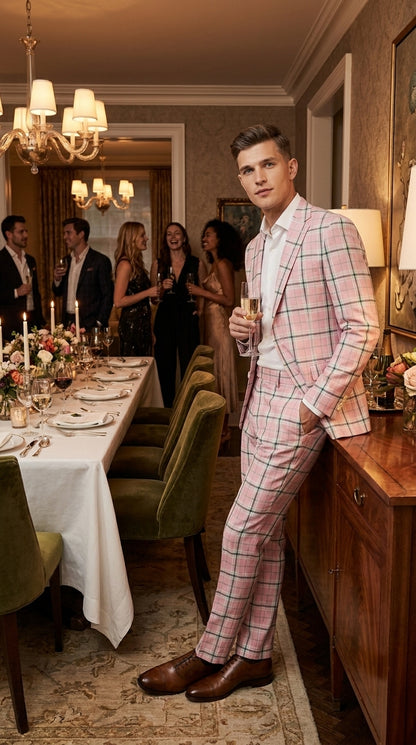 Men’s Pink Plaid Suit with Check Pattern Blazer and Matching Pants, Formal Wedding Party Dress Suit