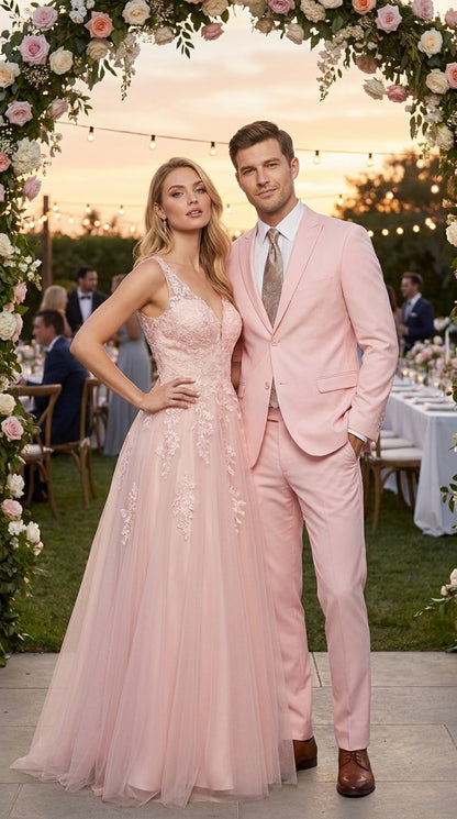 Men’s Light Pink 2 Piece Suit, Formal Dress Suit for Weddings, Prom, Parties, Summer Events Slim Fitted By Vitali Light Pink / 44 Long Jacket+38 Waist