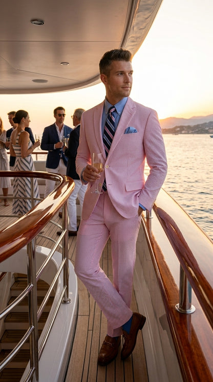 Men’s Pink Seersucker 2 Piece Suit, Lightweight Summer Dress Suit for Weddings, Prom, Parties, and Special Occasions Modern Fit