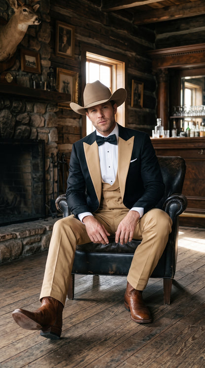 Men's Western Khaki Cowboy Tuxedo Suit – Black & Tan Beige  Peak Lapel 3-Piece Vested Formal Cowboy Suit