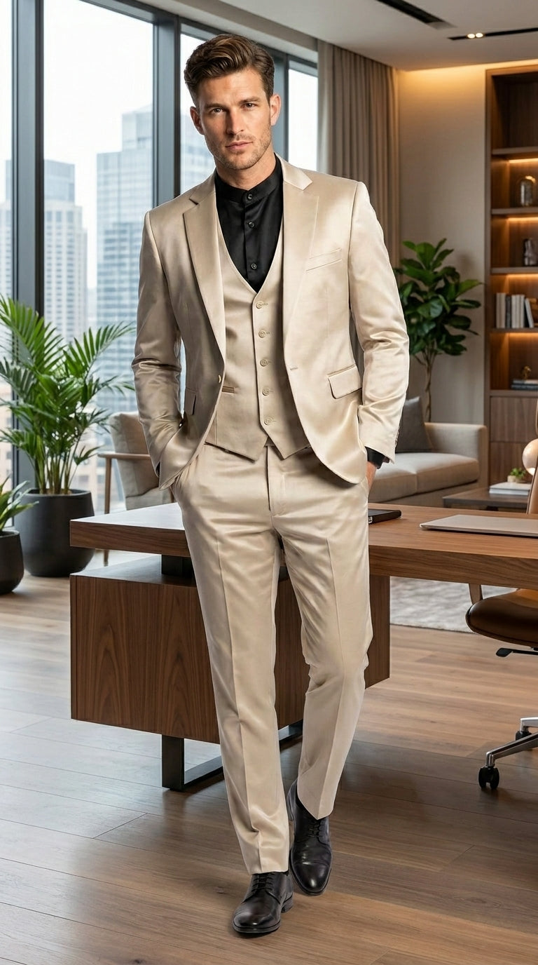 Mens 3-Piece Slim-Fit Shiny All Satin Suit Champagne