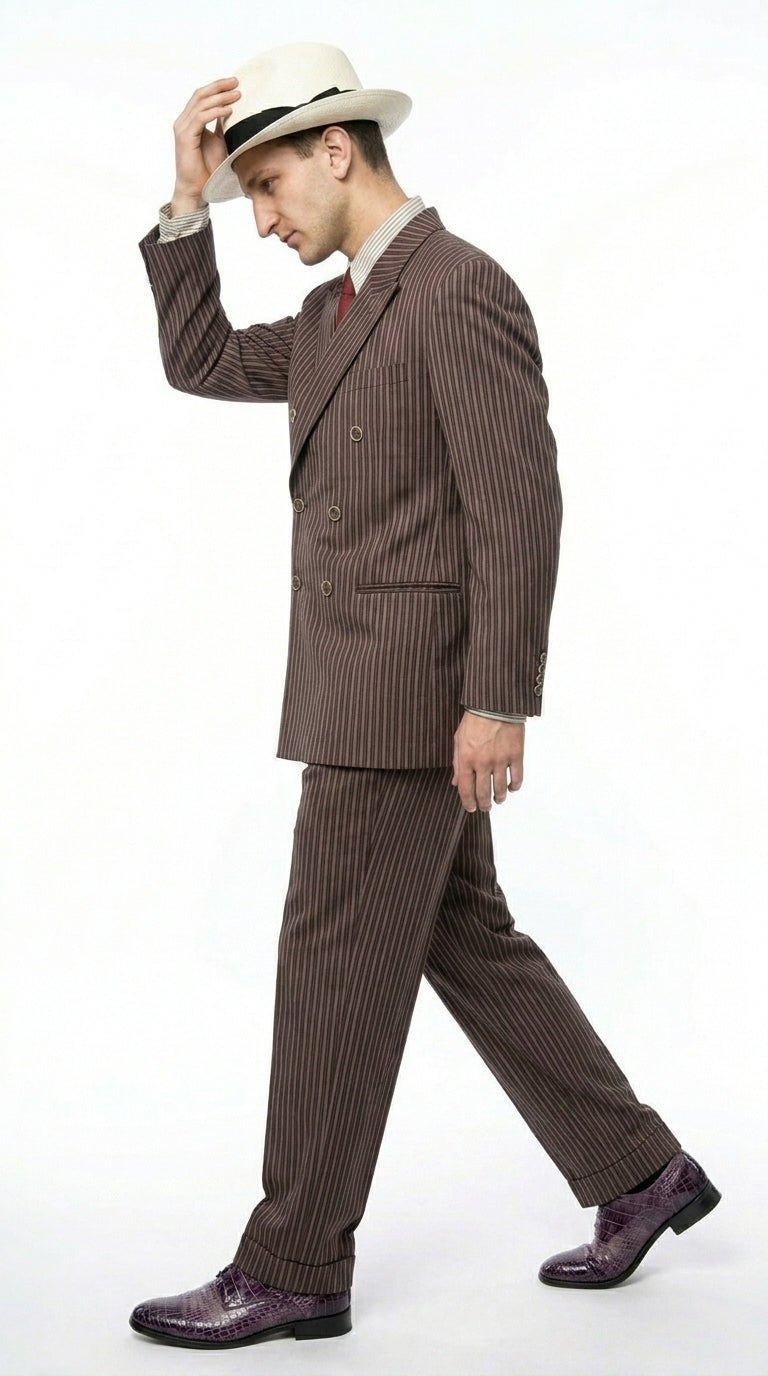 Men’s Brown Pinstripe Bonnie and Clyde Costume Suit – Vintage Gangster 1920s Outfit for Party, Halloween and Themed Events Modern Fit