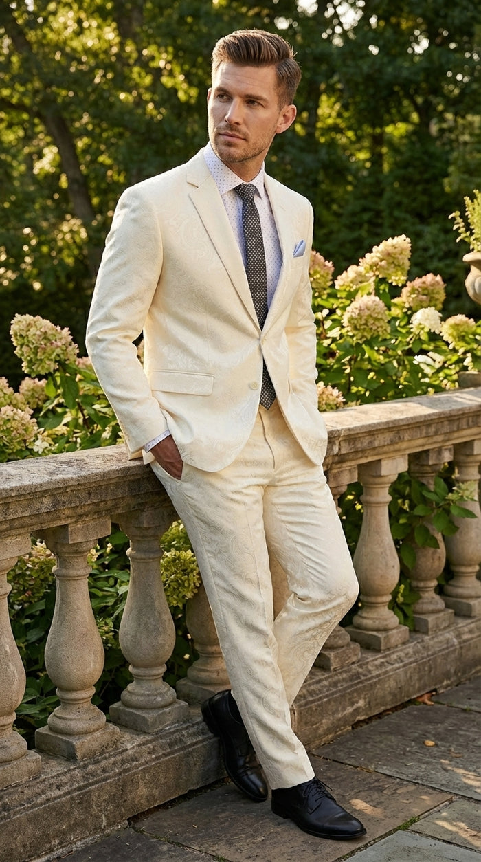 Men’s Ivory Paisley Shiny Suit – Flroal Formal Wedding and Prom Suit for Party, in Cream Off White Modern Fit