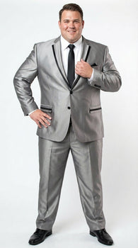 Men’s Silver Sharkskin Tuxedo Suit with Black Piping – Shiny Two Button Formal Suit for Wedding, Prom and Party Wear