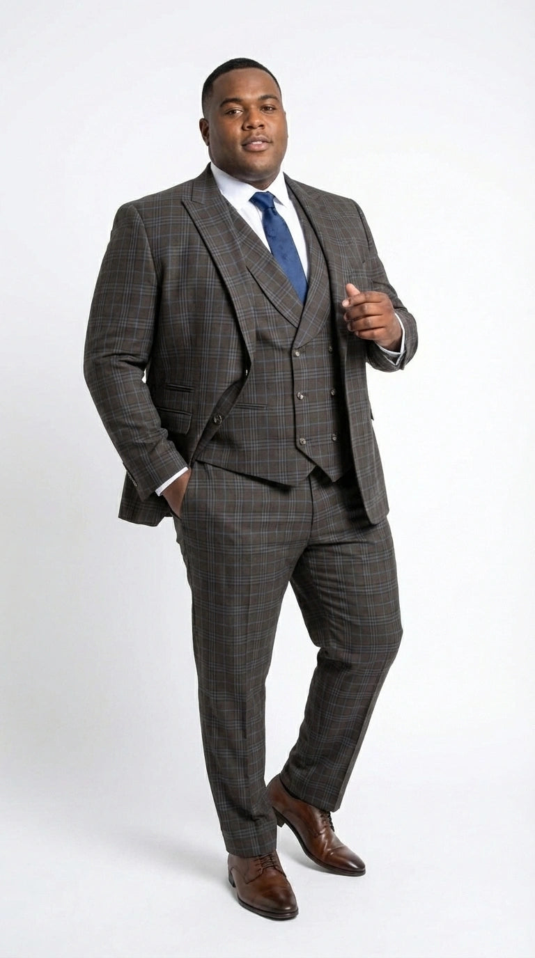 Vitali Men’s Brown Grey with blue Check 3 Piece Suit – Classic Plaid Formal Suit Set with Blazer, Vest & Trousers, Business Wedding Party Wear for Men Modern Fit