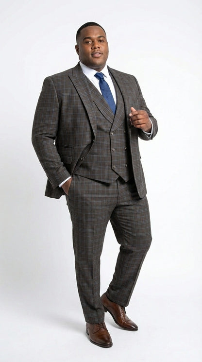 Vitali Men’s Brown Grey with blue Check 3 Piece Suit – Classic Plaid Formal Suit Set with Blazer, Vest & Trousers, Business Wedding Party Wear for Men Modern Fit