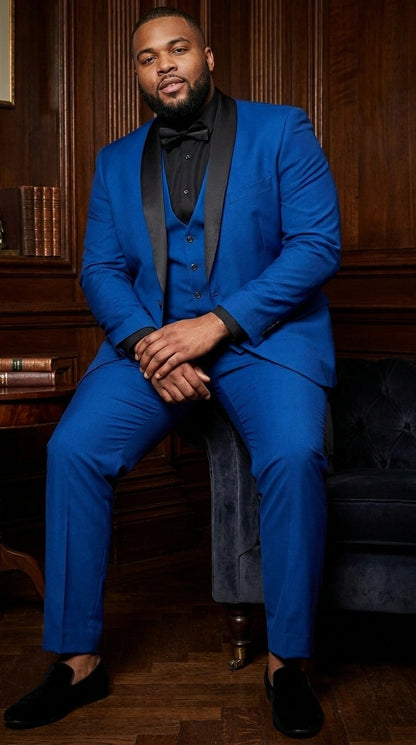 Men’s Royal Blue 3 Piece Suit with Black Lapel – Modern Formal Suit for Wedding, Prom and Party Wear Modern Fit