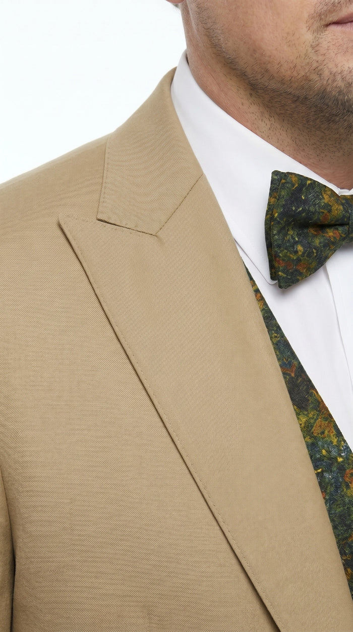 Men’s Khaki 3 Piece Suit with Patterned Vest, Great Gatsby Inspired Formal Suit for Weddings, Mardi Gra in Tan Camel Color Modern Fit