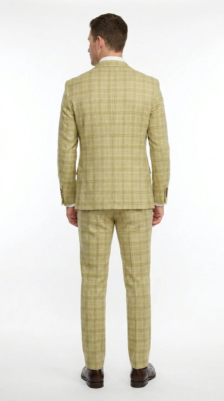 Vitali Men’s Sage Beige Tan Plaid 3 Piece Suit, Check Pattern Formal Dress Suit for Weddings, Prom, Business Events,Light Yellow Color Modern Fit