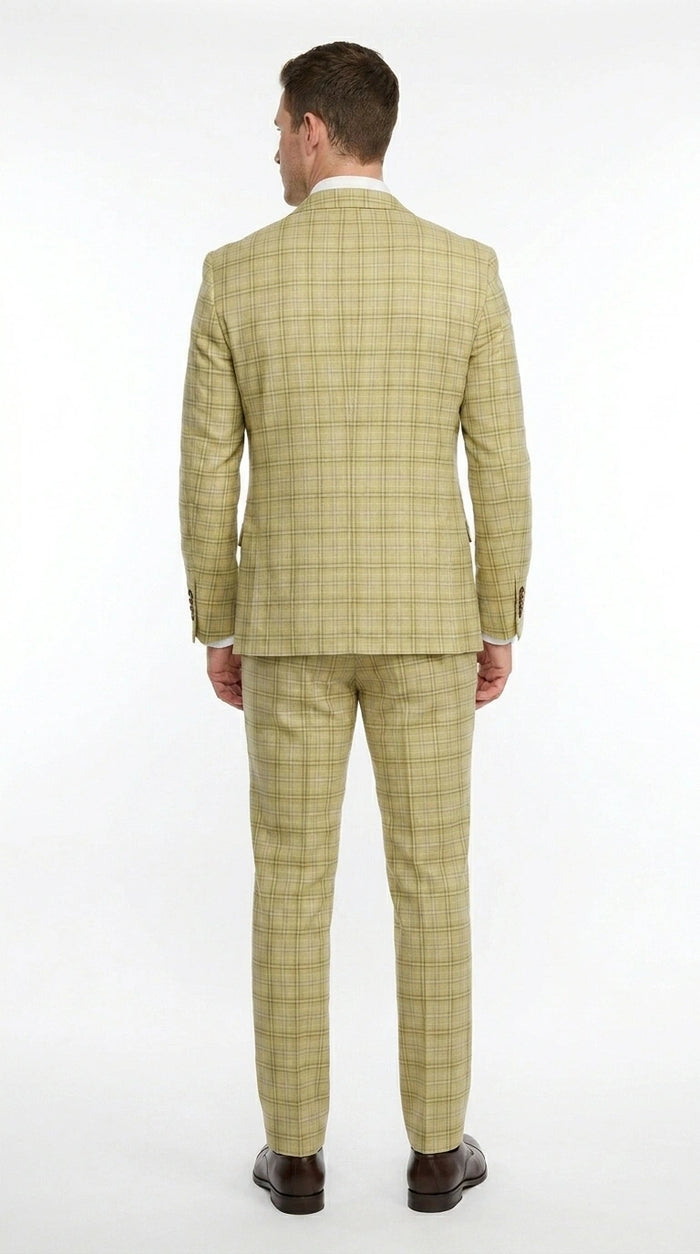 Vitali Men’s Sage Beige Tan Plaid 3 Piece Suit, Check Pattern Formal Dress Suit for Weddings, Prom, Business Events,Light Yellow Color Modern Fit