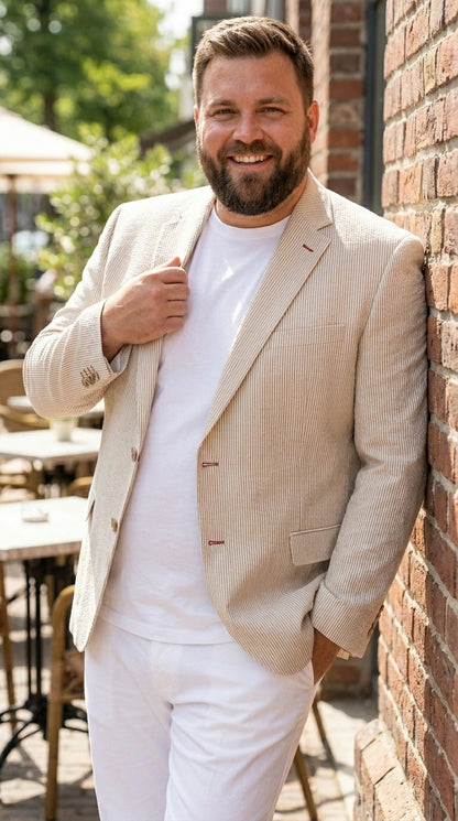 Men’s Beige Seersucker Summer Blazer, Lightweight Striped Sport Coat for Weddings, Parties, Beach Events in Tan Color