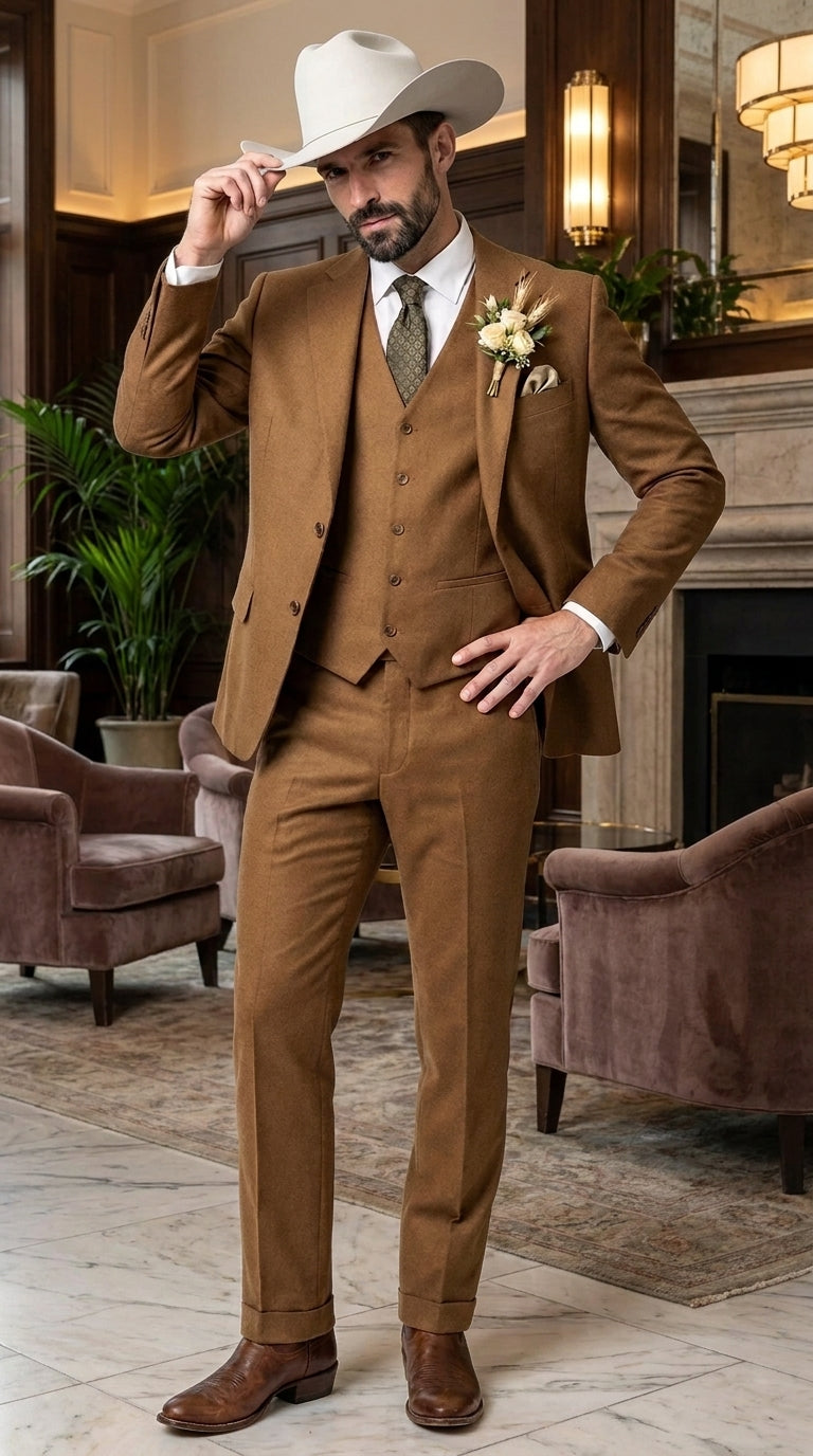Men’s Tan Groom Outfit Country Wedding 3 Piece Suit Khaki Camel Color Modern Fit