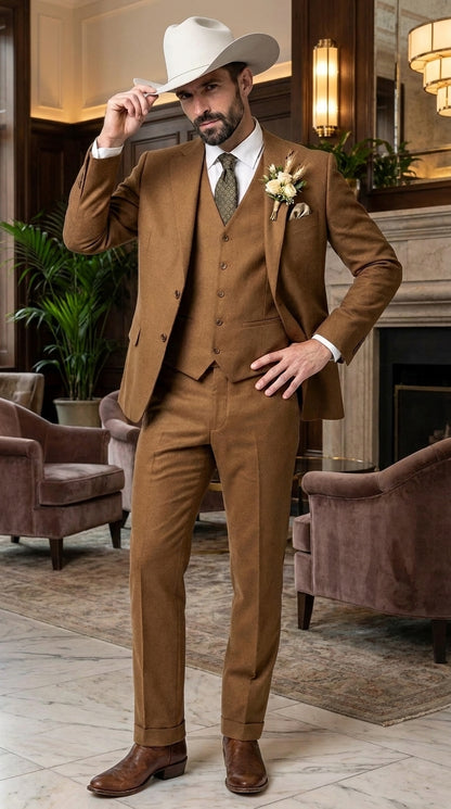 Men’s Tan Groom Outfit Country Wedding 3 Piece Suit Khaki Camel Color Modern Fit