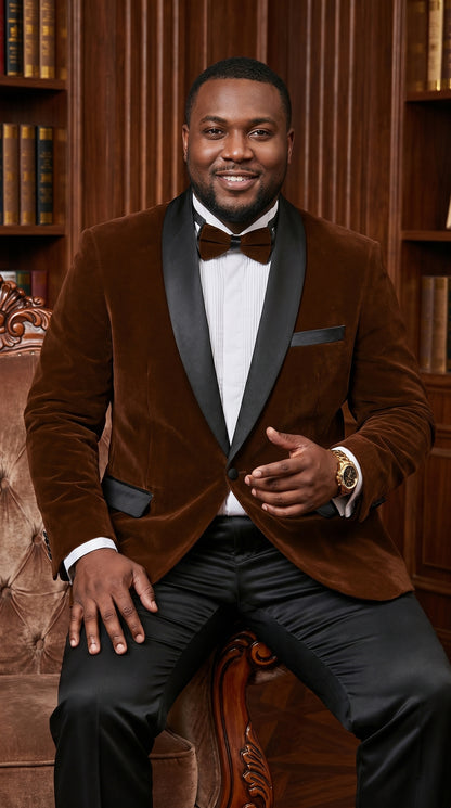 Men’s Brown Camel Bronze Velvet Tuxedo Jacket, Shawl Lapel Wedding Prom Dinner Blazer - Blazer Sportcoat