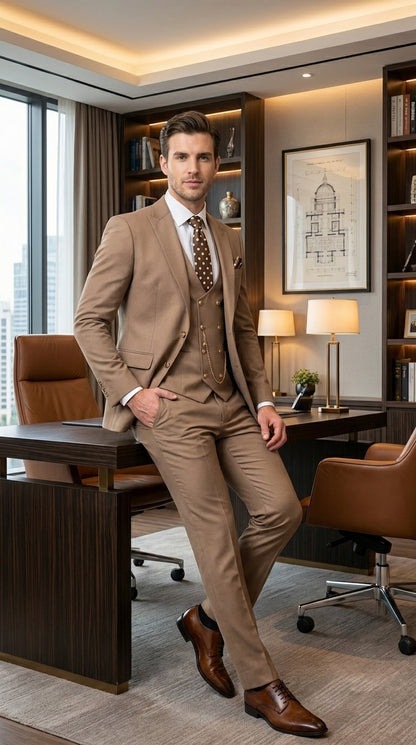 Men’s Rossiman Tan Suit with Gold Buttons, Peak Lapel Jacket and Double Breasted Vest Modern Fit