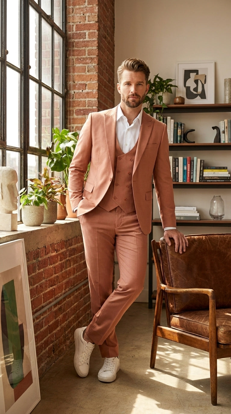 Men’s Peach Light Brown 3 Piece Suit – Wedding & Prom Formal Suit Set, Blazer Pants Double breasted vest